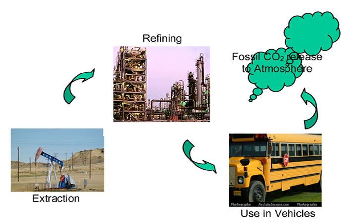 Figure 6. The carbon dioxide life cycle with petroleum diesel as vehicular fuel